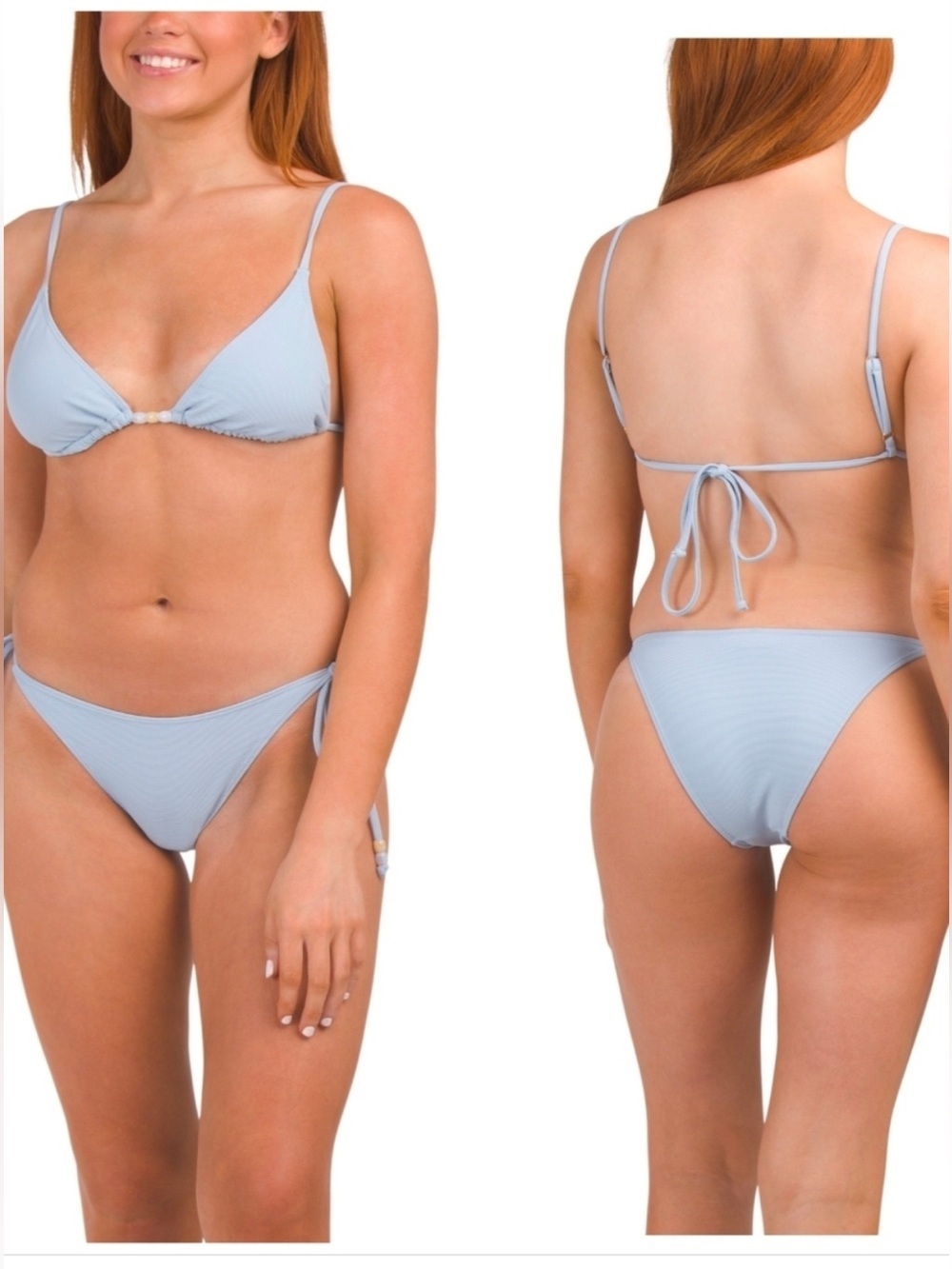 Wilo the Label Light Blue Beaded Ribbed Triangle String Two Piece Bikini
